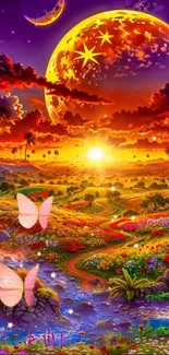 Colorful fantasy sunset landscape with planets and butterflies.