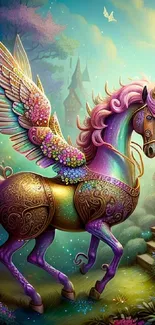 Vibrant fantasy unicorn with wings in a mystical forest.