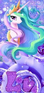 Colorful unicorn with flowing mane and roses on a purple background.