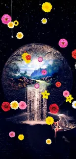 Colorful fantasy waterfall art with vibrant flowers on a starry background.