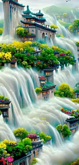 Fantasy landscape with waterfalls and lush greenery for mobile wallpaper.