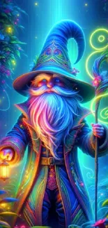 Colorful wizard in a mystical forest with vibrant glowing colors and magical aura.