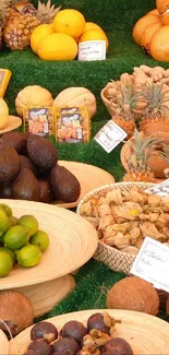 Colorful assortment of fruits at a farmer's market display on a green background.