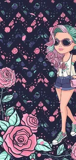 Fashionable doll with pink hair and floral design mobile wallpaper.