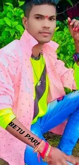 Vibrant young man in colorful attire with lime green shirt.