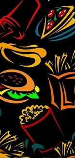 Colorful fast food pattern on black background.