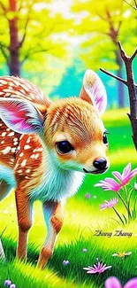 Adorable fawn in a vibrant, green forest with colorful flowers.