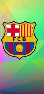 FC Barcelona emblem on a colorful geometric background.