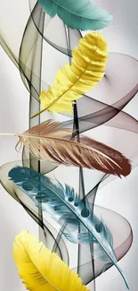 Colorful feathers intertwined with elegant abstract swirls.