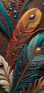 Intricate colorful feathers with gems and patterns.