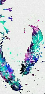 A vibrant feather design with colorful birds on a white background.