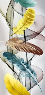 Colorful abstract feather wallpaper design with vibrant yellow and teal accents.