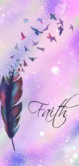 Colorful feather and birds with 'Faith' text on pastel background.