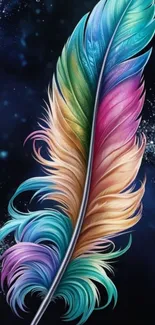 Vibrant multicolored feather on a starry background.