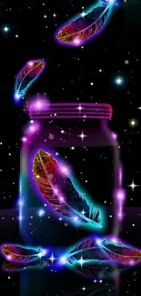 Colorful feathers glow in a cosmic jar with a starry background.