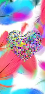 Colorful feathers with heart design wallpaper.