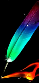 Multicolored feather with black background and fiery accents.