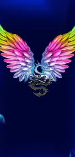 Vibrant rainbow feathered wings on a dark blue background mobile wallpaper.