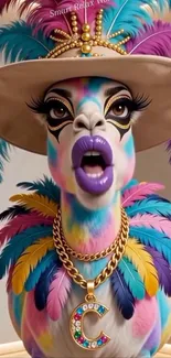 Vibrant llama with colorful feathers and gold accessories.