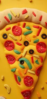 Colorful felt pizza slice with toppings on yellow background.