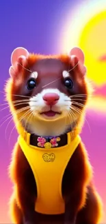 Cute ferret with sunset background, yellow outfit, and vibrant colors.