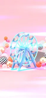 Colorful 3D Ferris wheel on a pink background with abstract shapes.