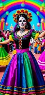 Colorful Day of the Dead dance performance in vibrant traditional costumes.