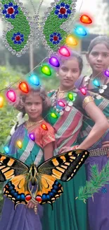 Colorful family in saris with butterflies and festive lights.