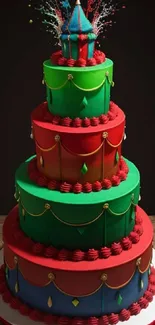 A vibrant, multi-tiered, festive cake with colorful decorations against a dark background.