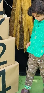 Child in colorful outfit at a festival with decorations.