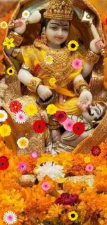 Vibrant deity adorned with colorful flowers and golden decor.