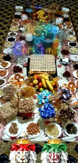 Festive feast table with fruits and snacks in vibrant colors.