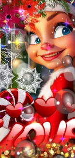 Festive wallpaper with a cheerful character and holiday decorations.