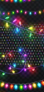 Colorful festive lights on a dark wallpaper background.