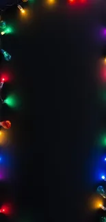 Black background with colorful holiday lights border.