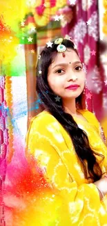 Vibrant portrait of woman in yellow with colorful background.