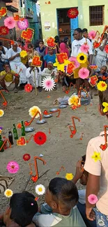 Colorful community gathering with decorations and music notes.