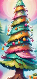 Colorful Christmas tree with ornaments in a whimsical style.