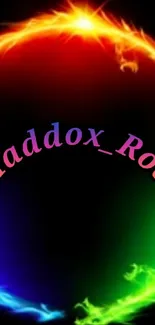 Colorful and fiery ring on black background, Maddox_Rod text centered.