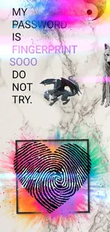 Vibrant mobile wallpaper with colorful fingerprint, dragon, and wolf on marble.