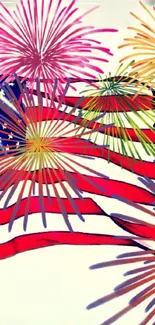 Colorful fireworks over a stylized American flag wallpaper.