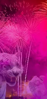 Colorful fireworks with tiger silhouette wallpaper.