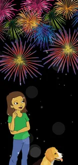 Cartoon character and dog under colorful fireworks in a night sky.