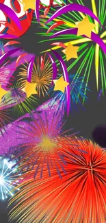 Bright fireworks and stars mobile wallpaper in vibrant colors.