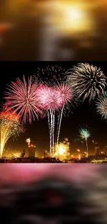 Vivid fireworks display over a city skyline at night.