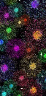 Colorful fireworks mobile wallpaper with vibrant bursts on a dark background.