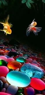 Two goldfish swim above colorful pebbles in a vibrant, artistic underwater scene.