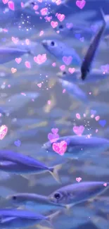 Vibrant fish swimming with pink hearts in a blue aquatic scene wallpaper.