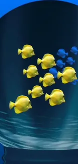 Vibrant mobile wallpaper with yellow fish swimming inside a blue sphere.