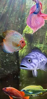 Colorful fish swimming in an underwater cave.